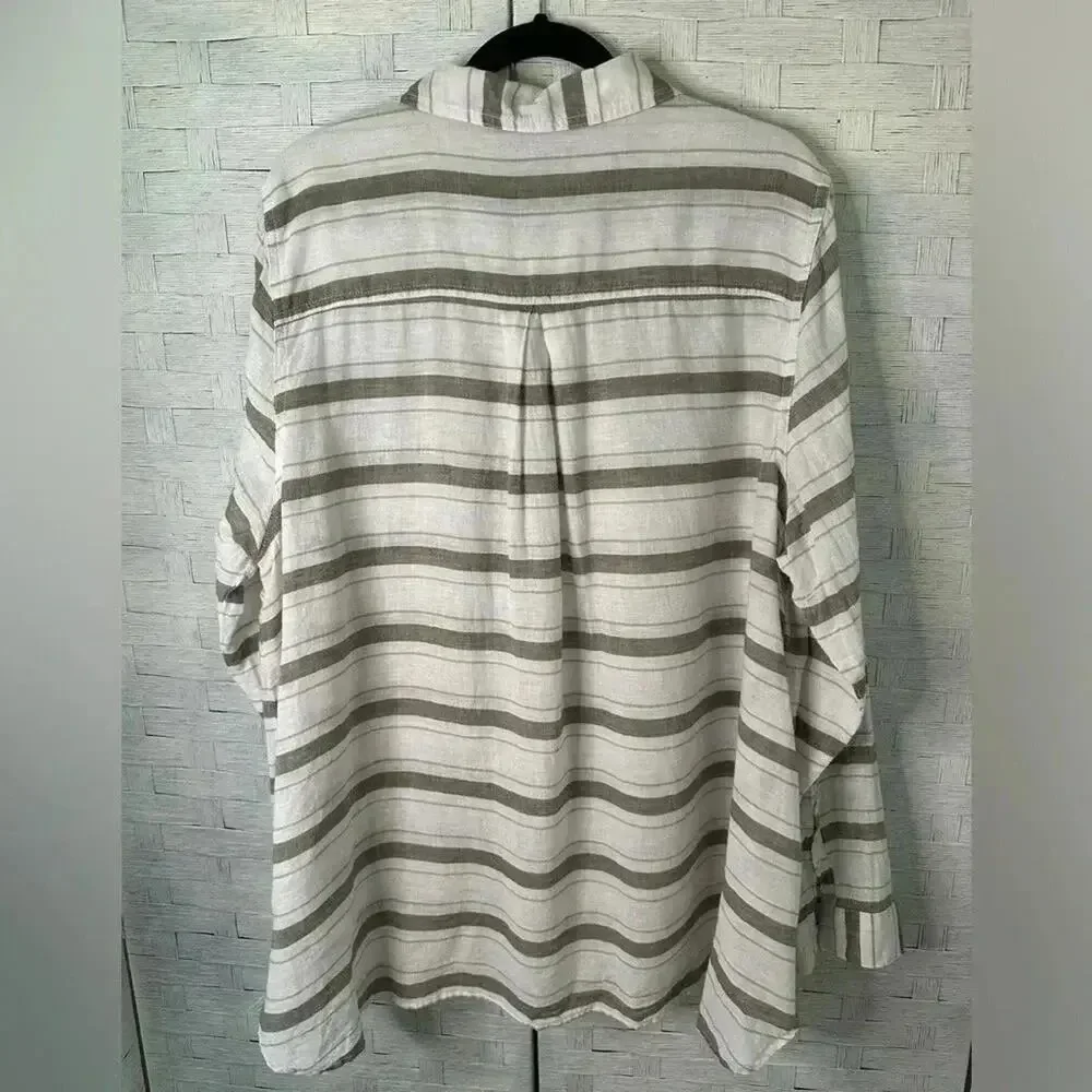 Lane Bryant Womens Blouse linen cotton blend button down striped white plus size